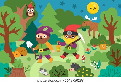 Vector horizontal scene with dwarfs going through night forest with shovel and lantern. Cute gnome country landscape. Woodland, fantasy forest background with tree, owl, sleeping animals
