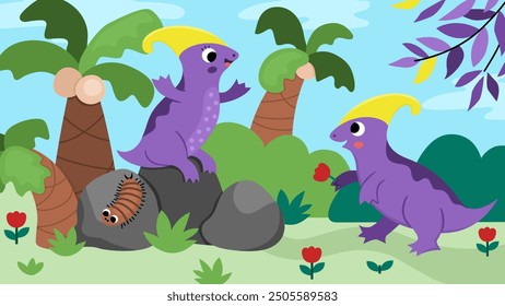 Vector horizontal scene with parasaurolophus bringing flower to his girlfriend. Dinosaur landscape illustration. Cute prehistoric scenery with flowers, palm trees. Funny dino scene for kids
