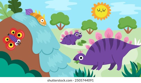 Escena Horizontal del Vector con el estegosaurio y su bebé comiendo hojas. Ilustración de paisaje de dinosaurio. Lindo paisaje prehistórico de la madre y el bebé con cascada, árbol, mariposa. Divertida escena de dino para niños