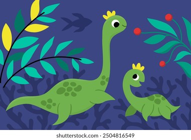 Escena Horizontal del Vector con el plesiosaurio de la natación y su bebé. Ilustración de paisaje de dinosaurio madre e hijo. Lindo paisaje prehistórico con mar, algas. Divertida escena de dino de agua para niños
