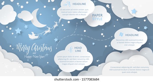 Vector Horizontal Scene With Text Merry Christmas, Paper Cut-out Cloud, 3D Stars, Snowfall And Santa's Sleigh Flying Around Moon In Night Blue Sky. Festive Layered Background For Banners Or Posters.