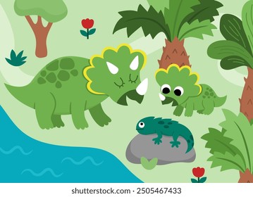 Vector horizontal scene with triceratops and his baby looking at lizard. Dinosaur landscape illustration. Cute mom and baby prehistoric scenery with forest, palm tree, river. Funny dino scene for kid