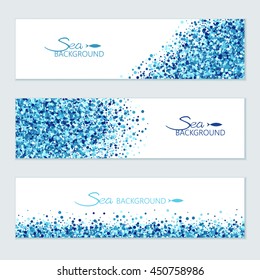 Vector horizontal sea banners set of scatter blue circles for different design.