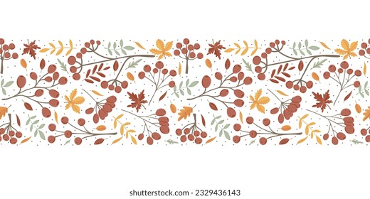 Vector horizontal seamless background with autumn leaves and berries. Seasonal fall banner design for greeting or promotion.