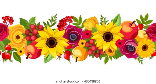 Vector horizontal seamless background with autumn colorful flowers, apples, berries and leaves.