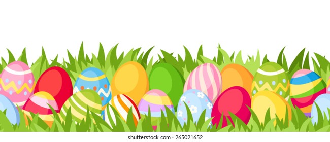 Vector horizontal seamless background with colorful Easter eggs and green grass.