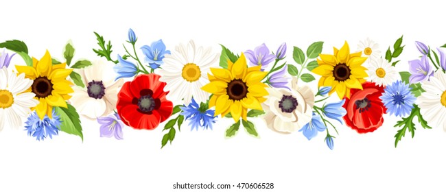 Vector horizontal seamless background with colorful wild flowers on a white background.