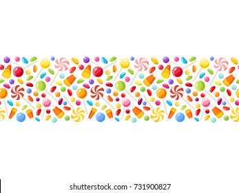 Vector horizontal seamless background with colorful Halloween candies.