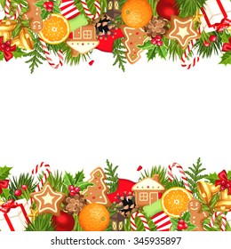 Vector horizontal seamless background with fir branches, balls, bells, gingerbread cookies, candy canes, cones, socks and boxes.