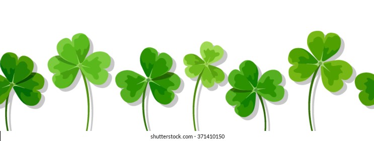 Vector horizontal seamless background with green clover leaves (shamrock) on a white background.