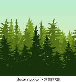 Vector horizontal seamless background with green pine or fir-tree forest. Nature background with evergreen trees. Design concept for environmental, ecology, protection nature or travel themes.

