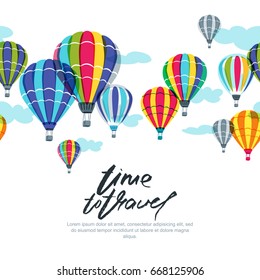 Vector horizontal seamless background with hot air balloons in the sky. Hand drawn doodle illustration. Design concept for summer travel, holidays and tourism banner, poster, backgrounds.