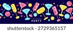 Vector horizontal seamless background, multicolor cocktails with mirrored disco ball texture. Night party banner, poster with champagne, martini glasses. Holiday invitation, bar menu design elements
