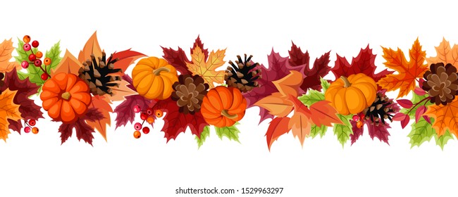 Vector horizontal seamless background with orange pumpkins, pinecones and colorful autumn leaves.