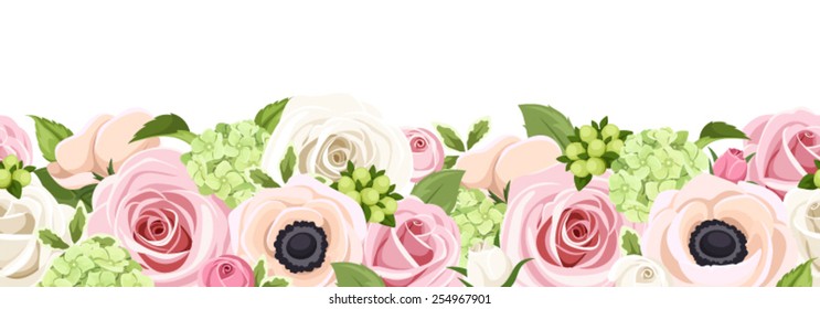 Vector horizontal seamless background with pink, and white roses and anemones, green hydrangea flowers and leaves on a white background.