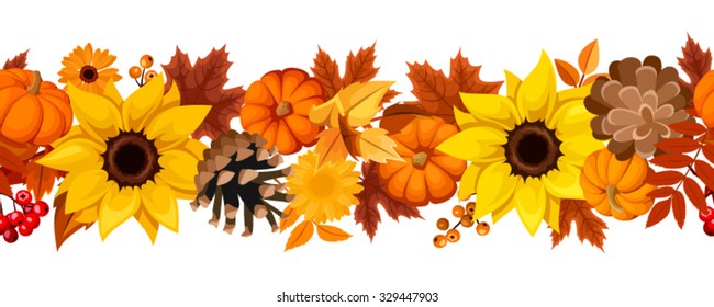 Vector horizontal seamless background with pumpkins, sunflowers, pinecones and colorful autumn leaves.