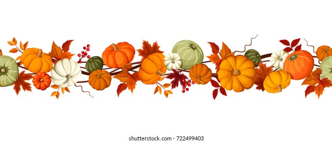 Vector horizontal seamless background with pumpkins and autumn leaves on a white background.