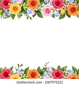Vector horizontal seamless background with red, pink, orange and yellow roses, blue freesia flowers and green leaves on a white background.