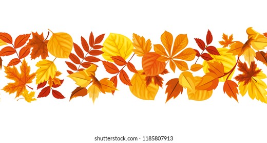 Vector horizontal seamless background with red, orange, yellow and brown autumn leaves.