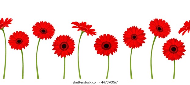 Vector horizontal seamless background with red gerbera flowers.