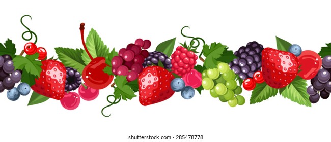 Vector horizontal seamless background with various berries on a white background.