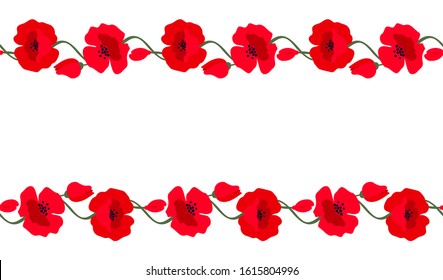 Vector horizontal seamless banner with red poppies isolated on a white background. Illustration of a symbol of International Day of Remembrance.  Anzac day symbol. 