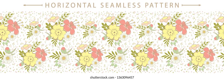 Vector horizontal seamless border with beautiful floral element. Holiday background. Great for wallpaper, backgrounds, packaging, fabric, scrapbooking, and giftwrap projects.