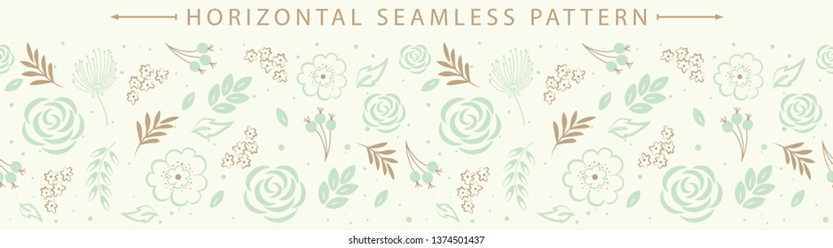 Vector horizontal seamless border with beautiful floral element. Holiday background. Great for wallpaper, backgrounds, packaging, fabric, scrapbooking, and giftwrap projects.