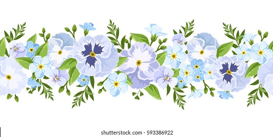 Vector horizontal seamless border with blue pansy and forget-me-not flowers and green leaves.