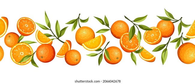 Vector horizontal seamless border with citrus orange fruit and green leaves.