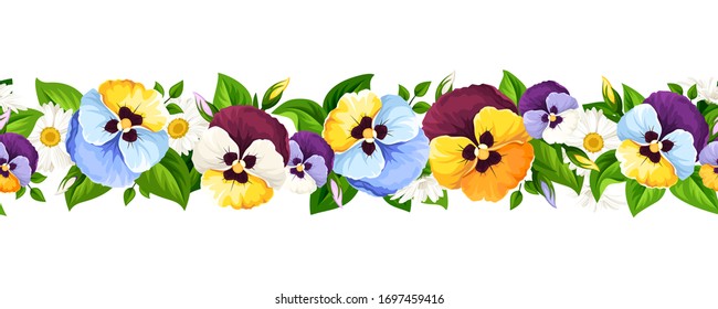 Vector horizontal seamless border with colorful pansy flowers.