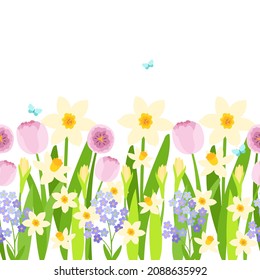 Vector horizontal seamless border with daffodils, tulips and forget-me-nots. Floral border pattern. Suitable for postcards, banners, invitations, weddings.