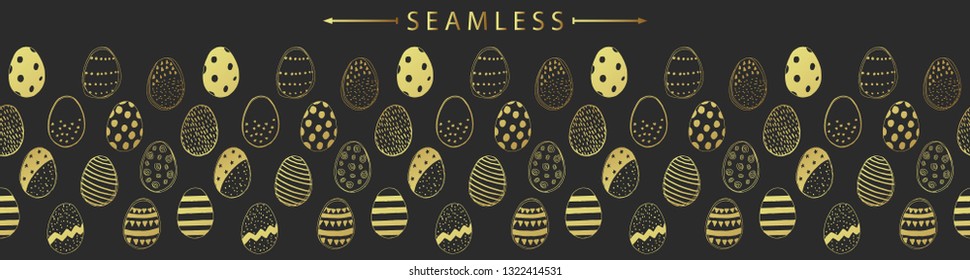 Vector horizontal seamless border with easter eggs doodles. Holiday background. Great for wallpaper, backgrounds, packaging, fabric, scrapbooking, and giftwrap projects.