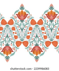 Vector horizontal seamless border with  folk art floral rhombus composition isolated from background. Botanical frieze with decorative flowers in tile. Frame with symmetrical plants