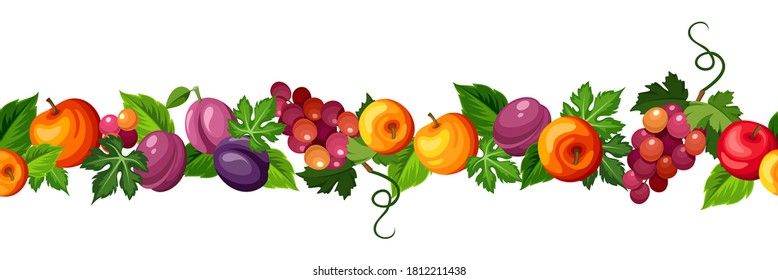 Vector horizontal seamless border with fruits (apples, plums and grapes) isolated on a white background.