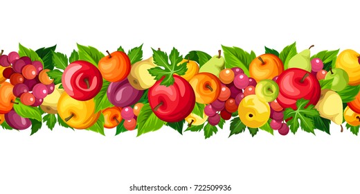 Vector horizontal seamless border with fruits. Apples, pears and grapes isolated on a white background.
