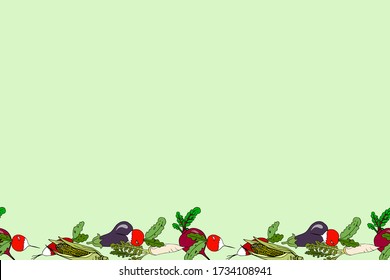 Vector horizontal seamless border of garden vegetables, vegetarianism theme, healthy eating, garden plants, cartoon style, black outline outline isolated on light green background under mask