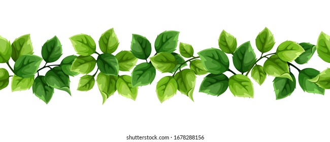 Vector horizontal seamless border with green leaves.