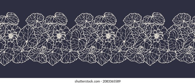 Vector horizontal seamless border with hand darwn lesser celandine. Eps 10. Line-art botanical illustration. Floral backdrop