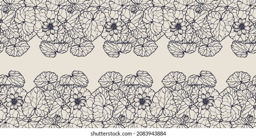 Vector horizontal seamless border with hand darwn lesser celandine. Eps 10. Line-art botanical illustration. Floral backdrop