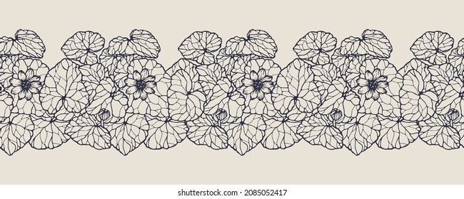 Vector horizontal seamless border with hand darwn lesser celandine. Eps 10. Line-art botanical illustration. Floral backdrop