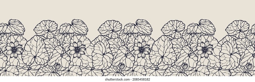 Vector horizontal seamless border with hand darwn lesser celandine. Eps 10. Line-art botanical illustration. Floral backdrop