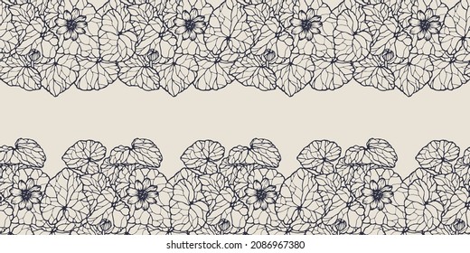 Vector horizontal seamless border with hand darwn lesser celandine. Eps 10. Line-art botanical illustration. Floral backdrop