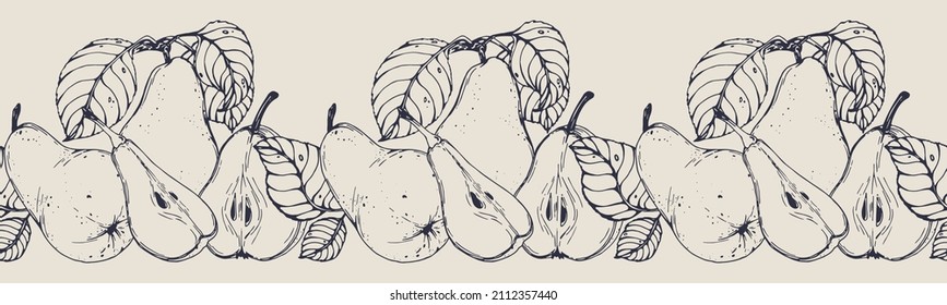 Vector horizontal seamless border with hand darwn pears. Eps 10 fruits backdrop.  Line-art botanical illustration