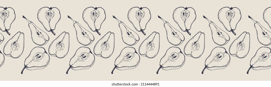 Vector horizontal seamless border with hand darwn pears. Eps 10 fruits backdrop.  Line-art botanical illustration