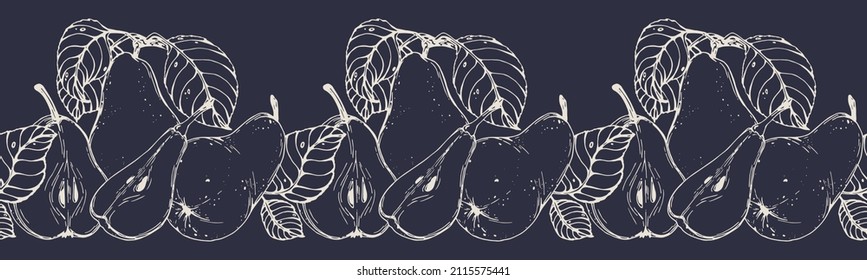 Vector horizontal seamless border with hand darwn pears. Eps 10 fruits backdrop.  Line-art botanical illustration