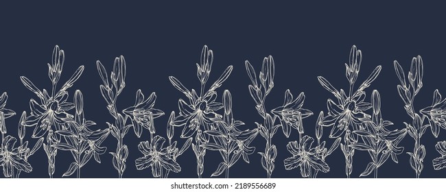 Vector horizontal seamless border with hand drawn lilium flower. Eps 10. Line-art botanical illustration. Floral backdrop