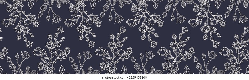 Vector horizontal seamless border with hand drawn Rose Flower. Eps 10. Line-art botanical illustration. Floral backdrop