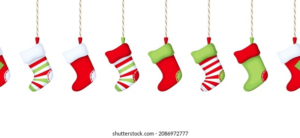 Vector horizontal seamless border with hanging colorful Christmas socks on a white background.