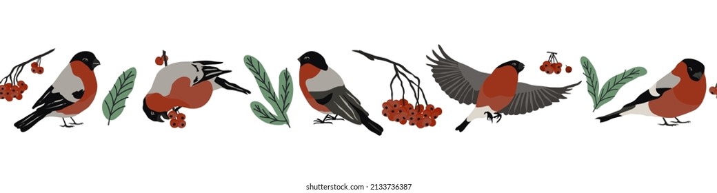 Vector horizontal seamless border pattern with hand drawn bullfinches with pine twigs and berries. Beautiful animal design elements, perfect for prints and patterns